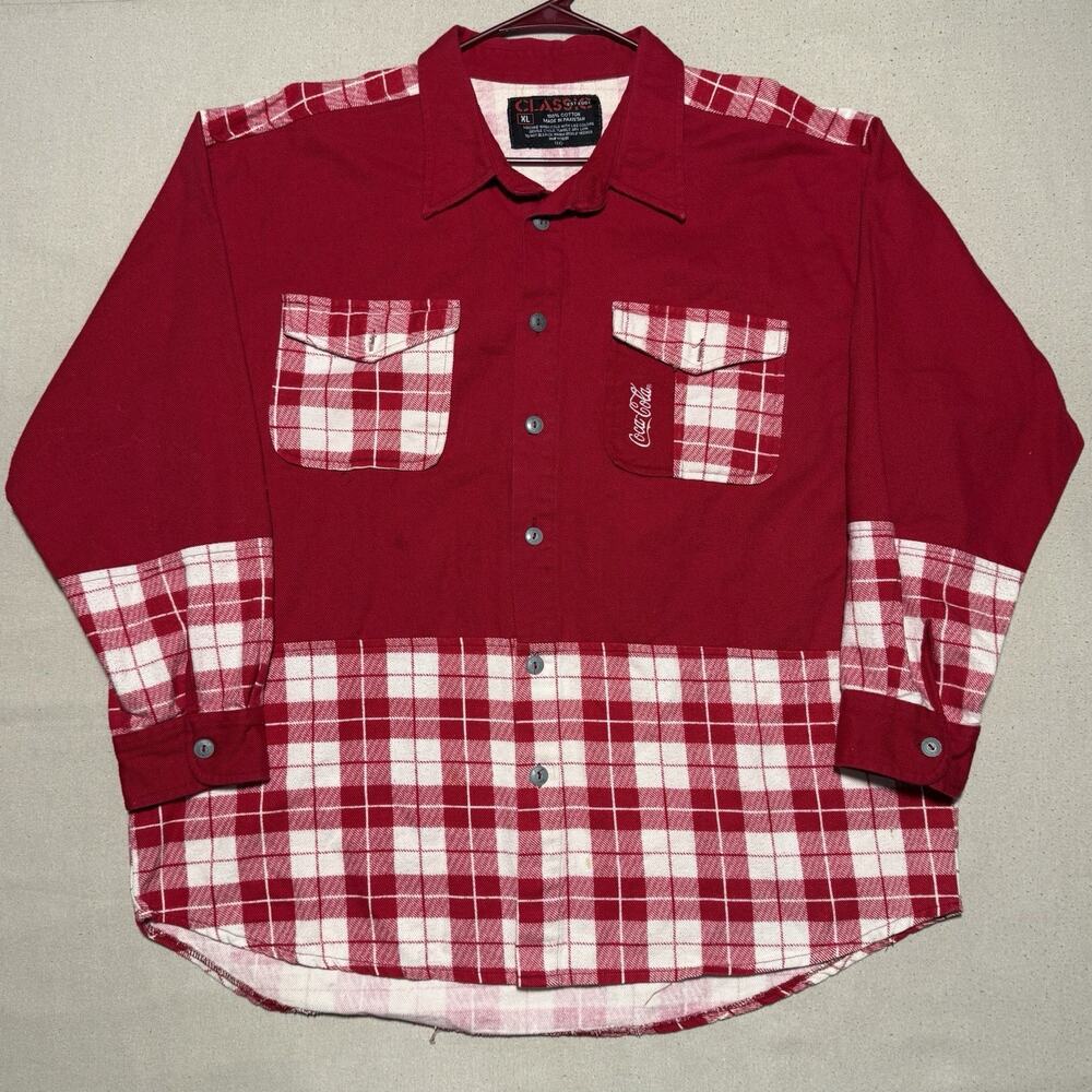 RARE Vintage Coca-Cola Men’s XL Heavy Flannel Shirt Red Plaid Patchwork 90s Y2K